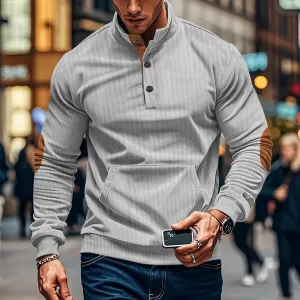 Men's Corduroy Sweatshirt Long Sleeve Casual Stand Collar Button Pullover Quilted Sweatshirts with Pockets