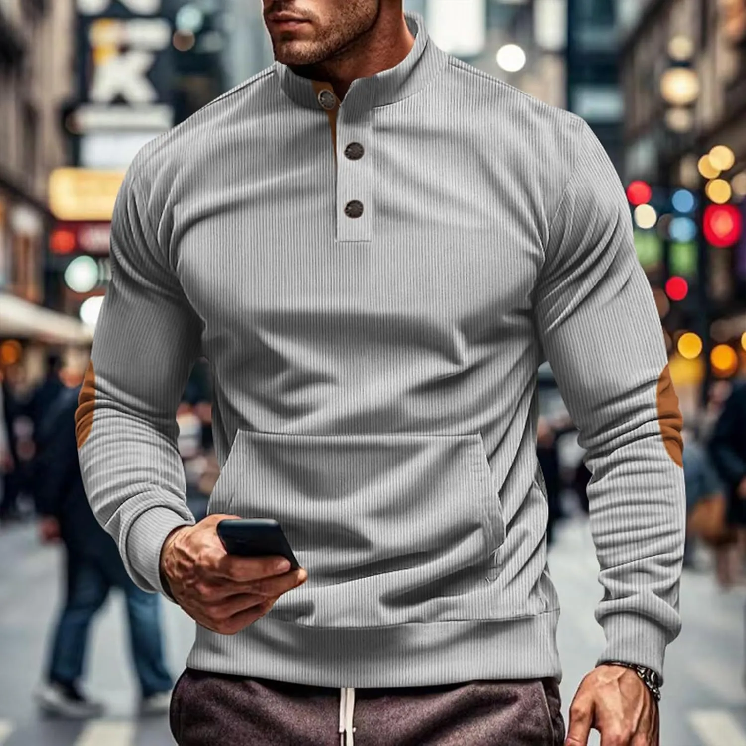Men's Corduroy Sweatshirt Long Sleeve Casual Stand Collar Button Pullover Quilted Sweatshirts with Pockets