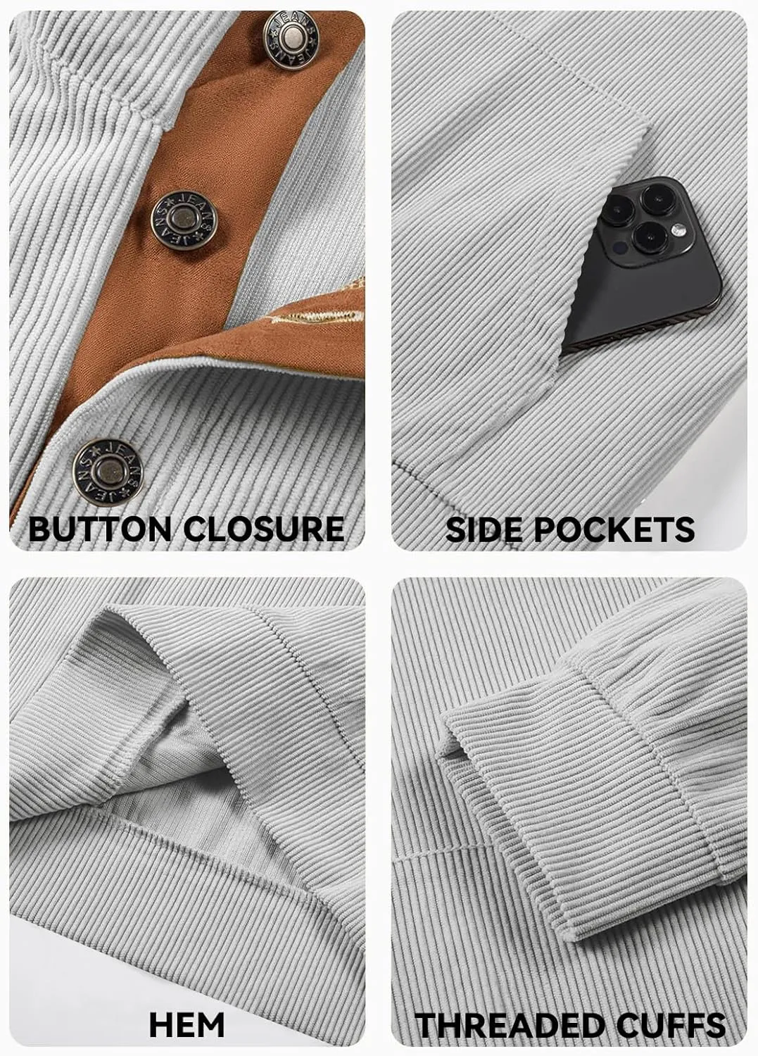 Men's Corduroy Sweatshirt Long Sleeve Casual Stand Collar Button Pullover Quilted Sweatshirts with Pockets