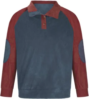 Mens Corduroy Sweatshirt Long Sleeve Outdoor Shirt Vintage Button Lapel Collar Casual Pullover Sweater Elbow Patches