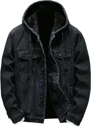Mens Fleece Lined Denim Hoodie Jacket Casual Button Down Winter Warm Hooded Cowboy Jean Jacket Thicken Trucker Coats