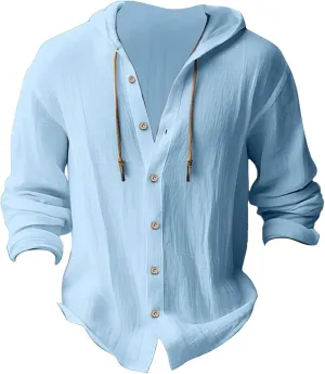 Men's Linen Casual Guayabera Shirts with Hood Lightweight Button V Neck Long Sleeve Hooded Sweatshirts Hawaiian Shirt