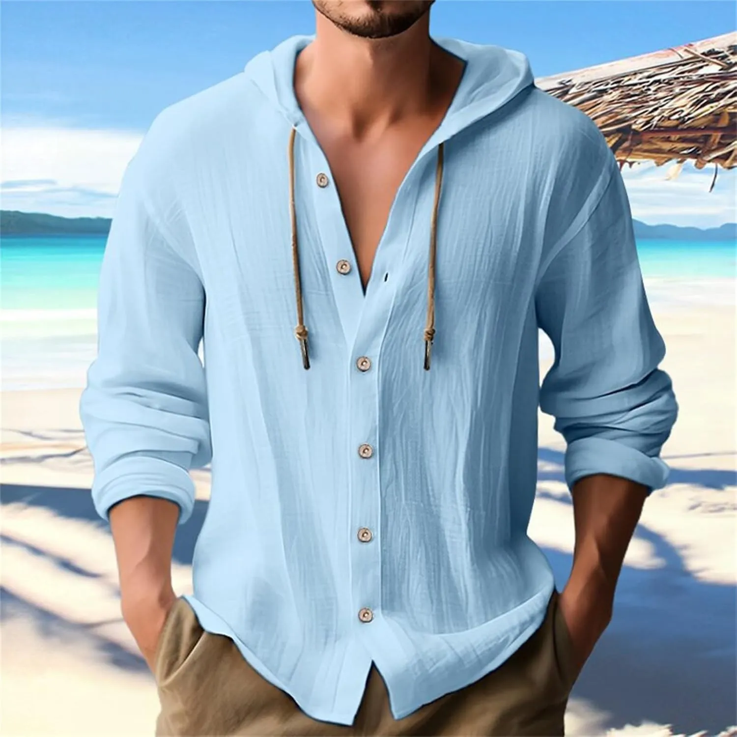 Men's Linen Casual Guayabera Shirts with Hood Lightweight Button V Neck Long Sleeve Hooded Sweatshirts Hawaiian Shirt