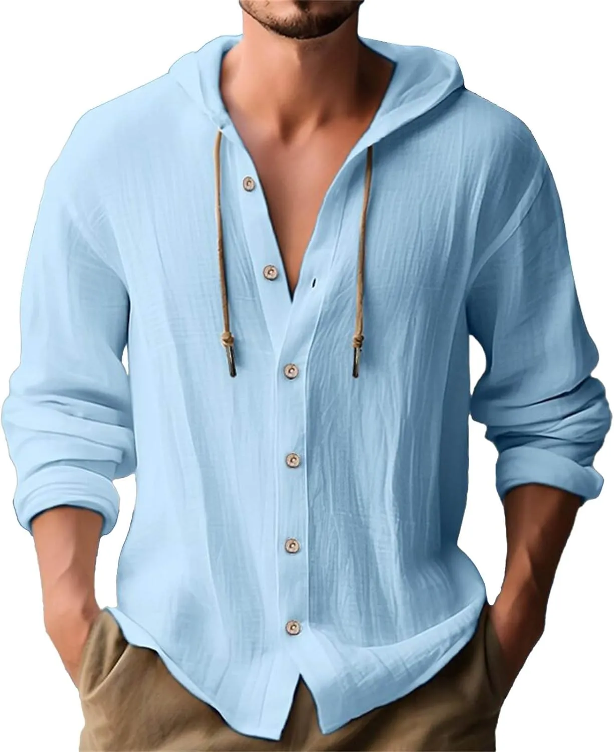 Men's Linen Casual Guayabera Shirts with Hood Lightweight Button V Neck Long Sleeve Hooded Sweatshirts Hawaiian Shirt