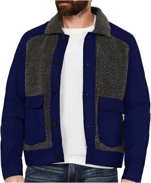 Men's Sherpa Lined Jacket Long Sleeve Button Up Patchwork Jacket Fuzzy Fur Collar Coat Slim Fit Fashion Coat Outwear