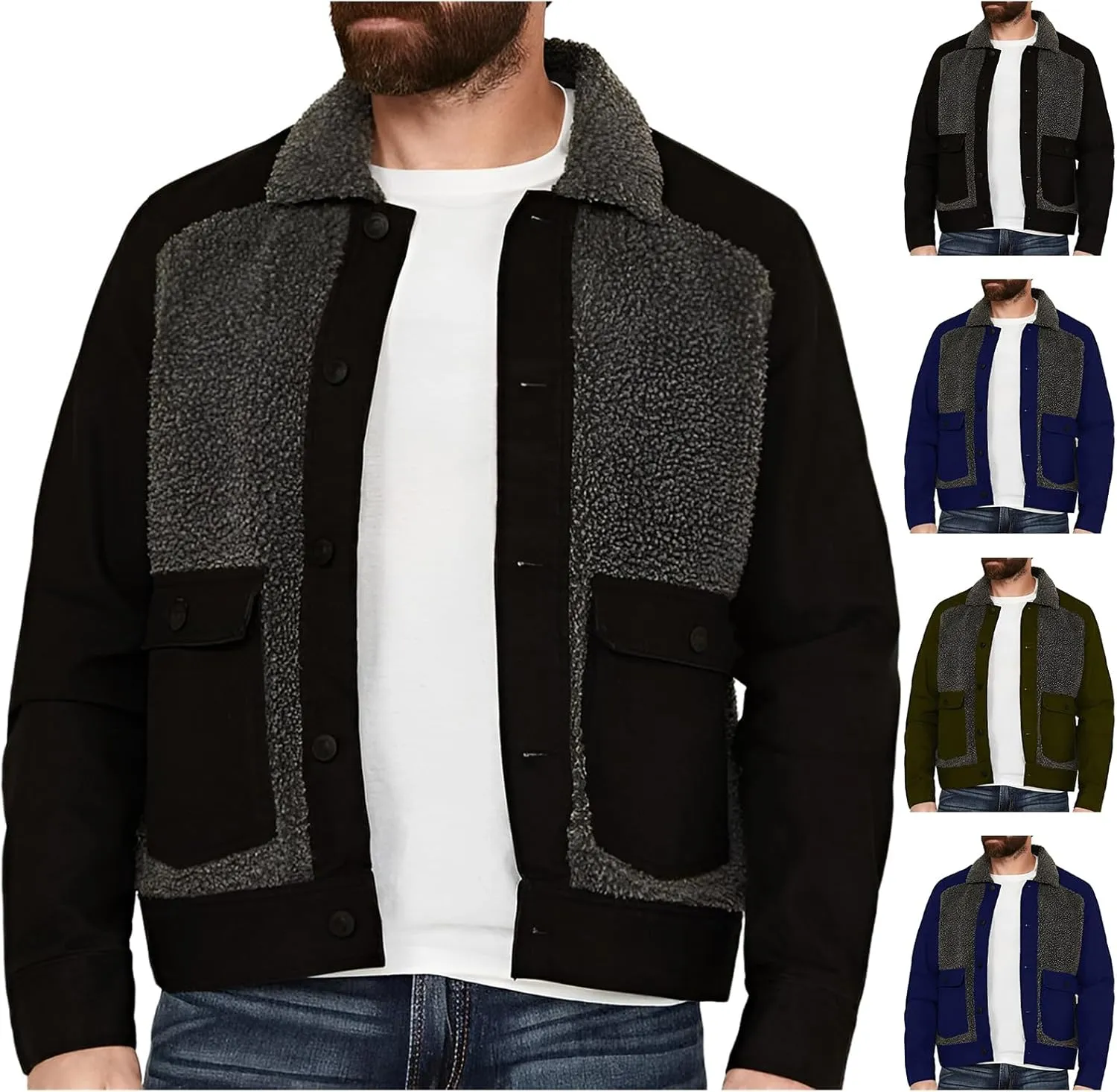 Men's Sherpa Lined Jacket Long Sleeve Button Up Patchwork Jacket Fuzzy Fur Collar Coat Slim Fit Fashion Coat Outwear