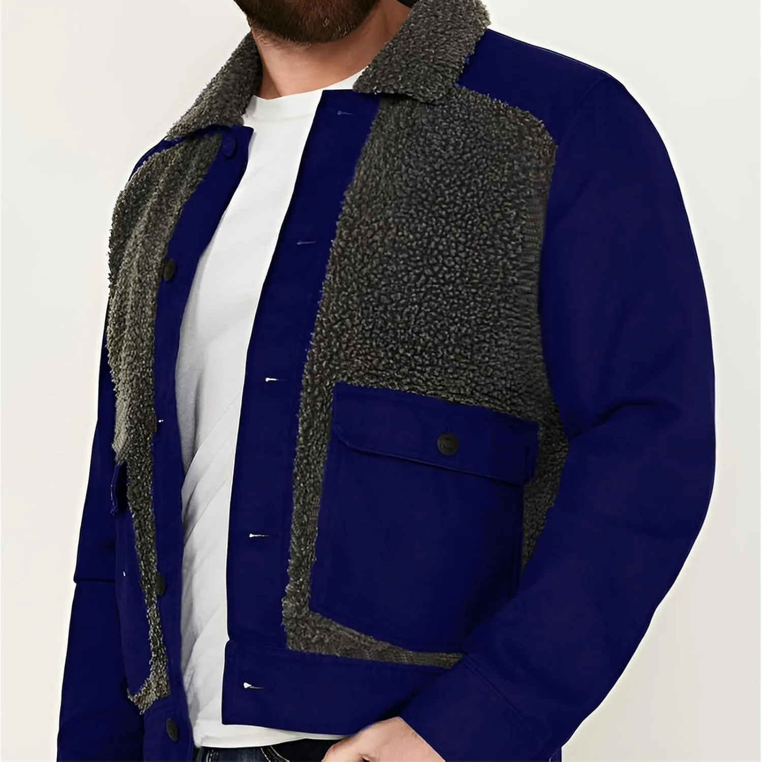 Men's Sherpa Lined Jacket Long Sleeve Button Up Patchwork Jacket Fuzzy Fur Collar Coat Slim Fit Fashion Coat Outwear