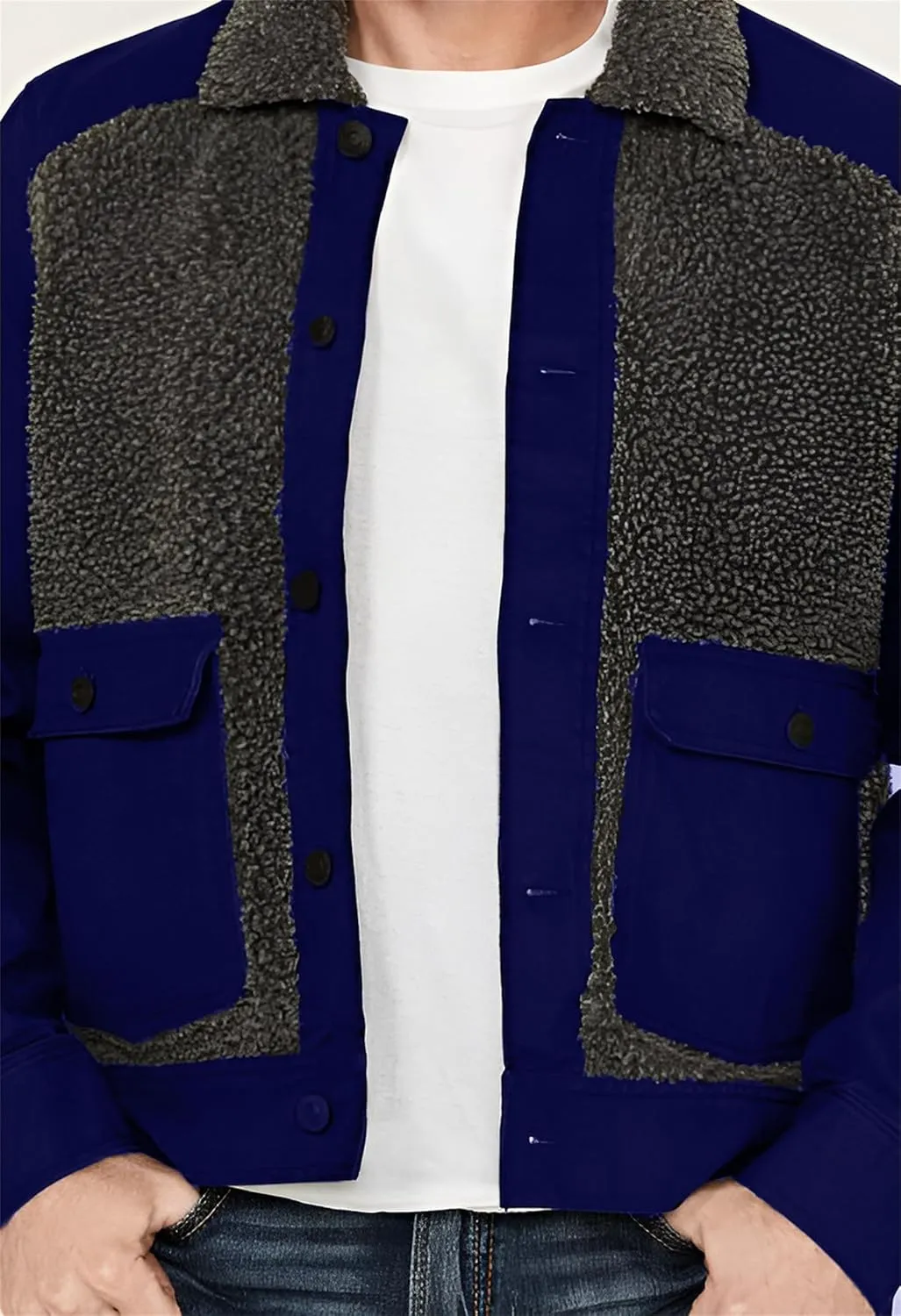 Men's Sherpa Lined Jacket Long Sleeve Button Up Patchwork Jacket Fuzzy Fur Collar Coat Slim Fit Fashion Coat Outwear