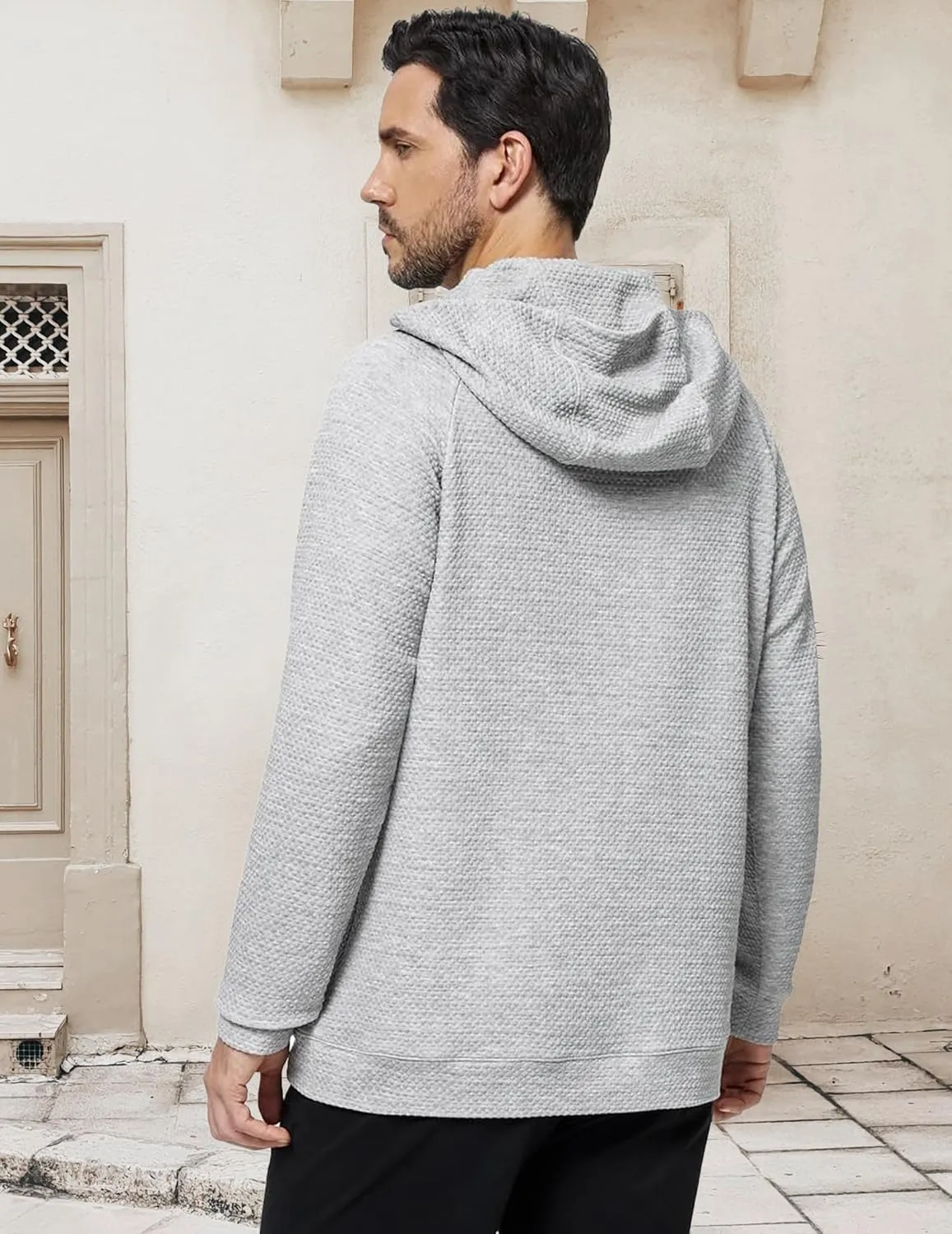 Mens Textured Hooded Sweatshirt Long Sleeve Knit Pullover Hoodie Soft Classic Solid Jumper Sweater With Pockets
