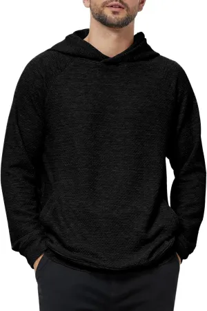 Mens Textured Hooded Sweatshirt Long Sleeve Knit Pullover Hoodie Soft Classic Solid Jumper Sweater With Pockets