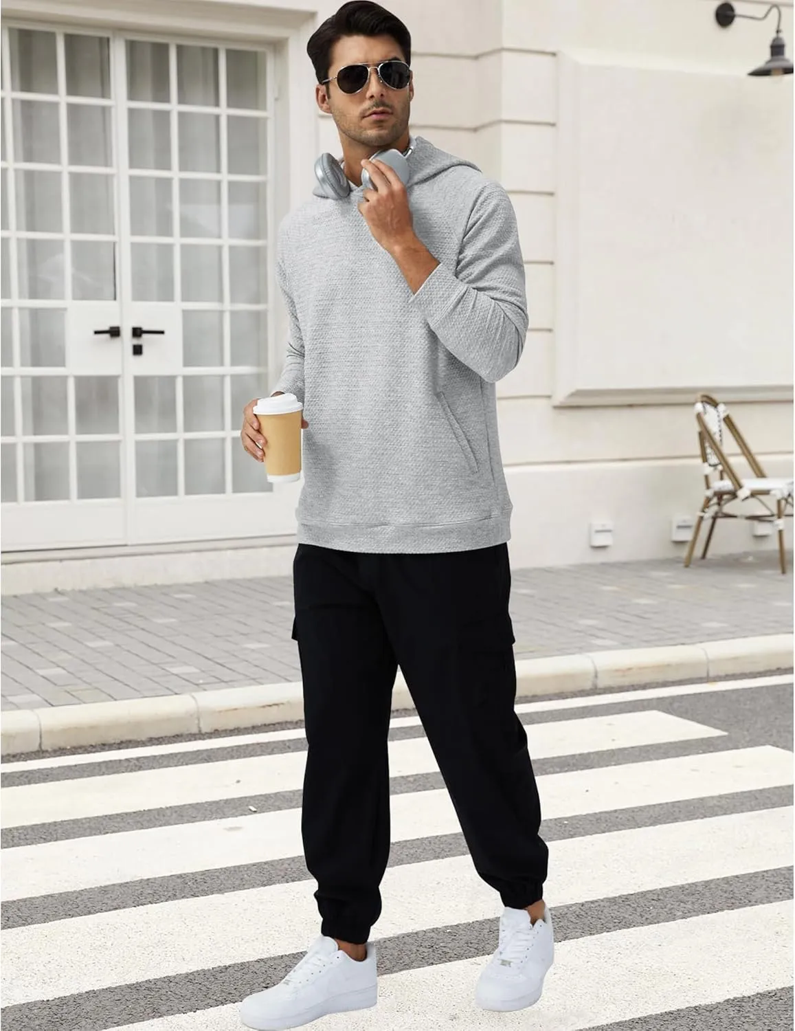 Mens Textured Hooded Sweatshirt Long Sleeve Knit Pullover Hoodie Soft Classic Solid Jumper Sweater With Pockets