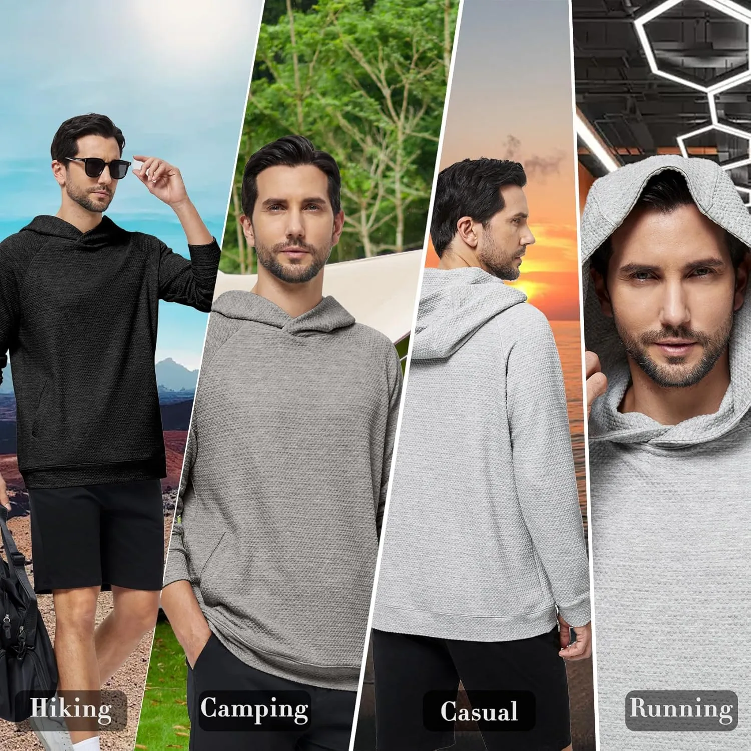 Mens Textured Hooded Sweatshirt Long Sleeve Knit Pullover Hoodie Soft Classic Solid Jumper Sweater With Pockets