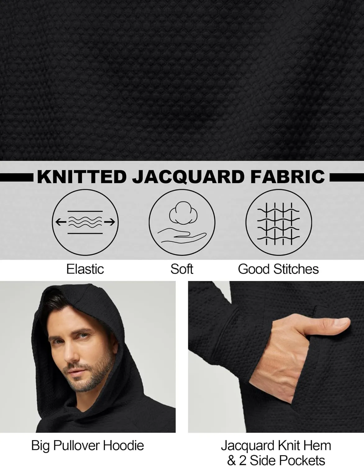 Mens Textured Hooded Sweatshirt Long Sleeve Knit Pullover Hoodie Soft Classic Solid Jumper Sweater With Pockets