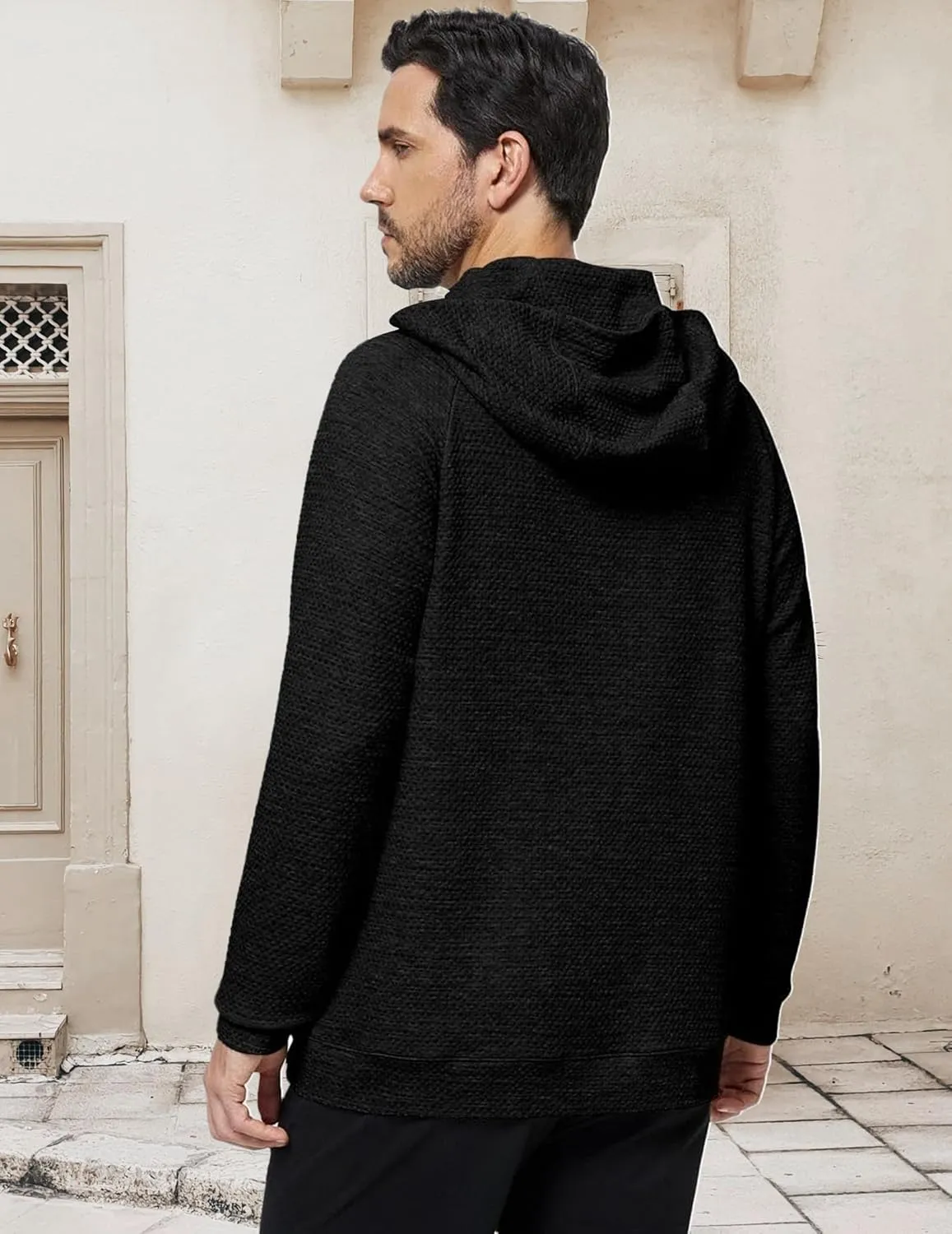 Mens Textured Hooded Sweatshirt Long Sleeve Knit Pullover Hoodie Soft Classic Solid Jumper Sweater With Pockets