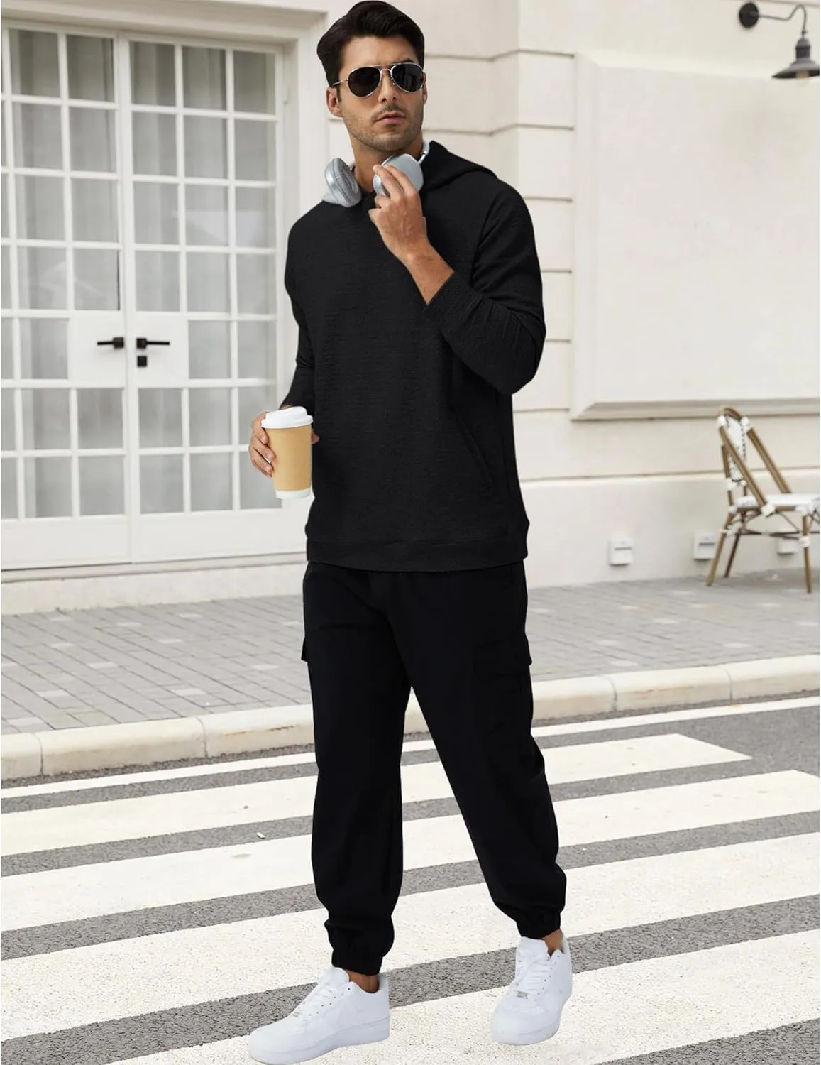 Mens Textured Hooded Sweatshirt Long Sleeve Knit Pullover Hoodie Soft Classic Solid Jumper Sweater With Pockets