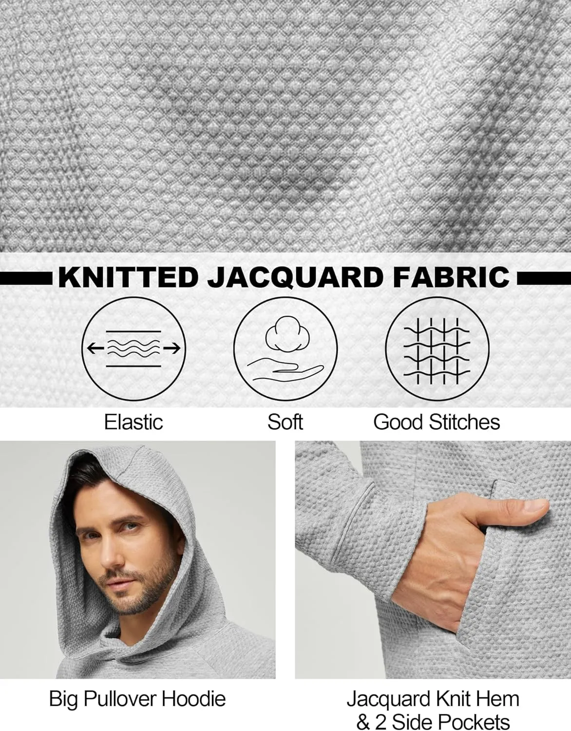 Mens Textured Hooded Sweatshirt Long Sleeve Knit Pullover Hoodie Soft Classic Solid Jumper Sweater With Pockets