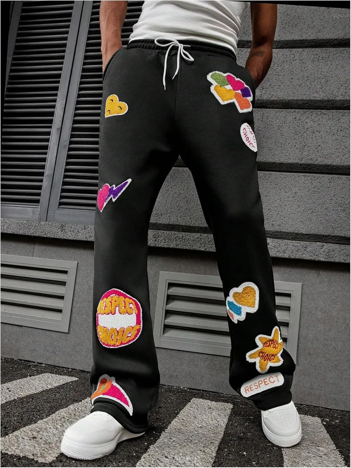 Men's Y2k Embroidered Flare Sweatpants Drawstring Elastic Waist Jogger Pants with Pockets