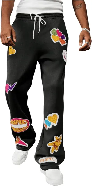 Men's Y2k Embroidered Flare Sweatpants Drawstring Elastic Waist Jogger Pants with Pockets
