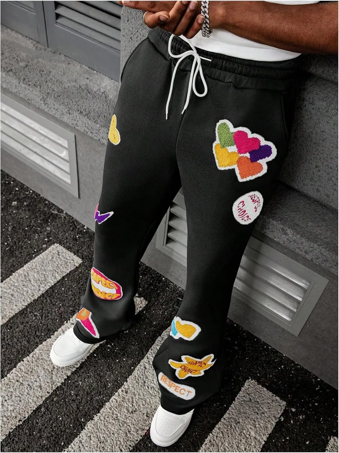 Men's Y2k Embroidered Flare Sweatpants Drawstring Elastic Waist Jogger Pants with Pockets