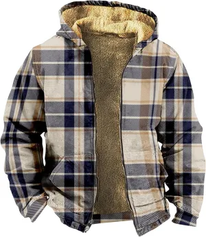 Mens Zip Up Hoodie Winter Heavyweight Warm Sherpa Lined Fleece Plaid Jackets Plus Size Hooded Sweatshirt With Pockets