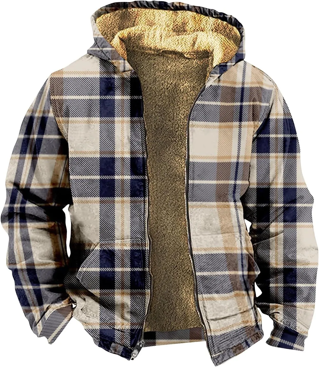 Mens Zip Up Hoodie Winter Heavyweight Warm Sherpa Lined Fleece Plaid Jackets Plus Size Hooded Sweatshirt With Pockets