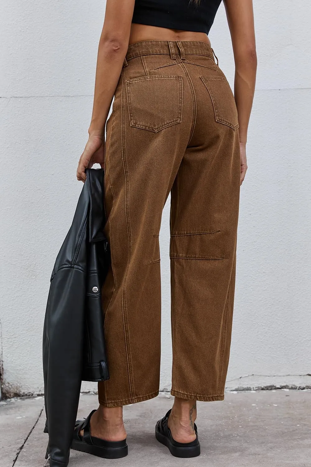 Mid Rise Barrel Jeans for Women Wide Leg Mid Waist Cropped Denim Pants Y2k Baggy Boyfriend Jeans with Pockets