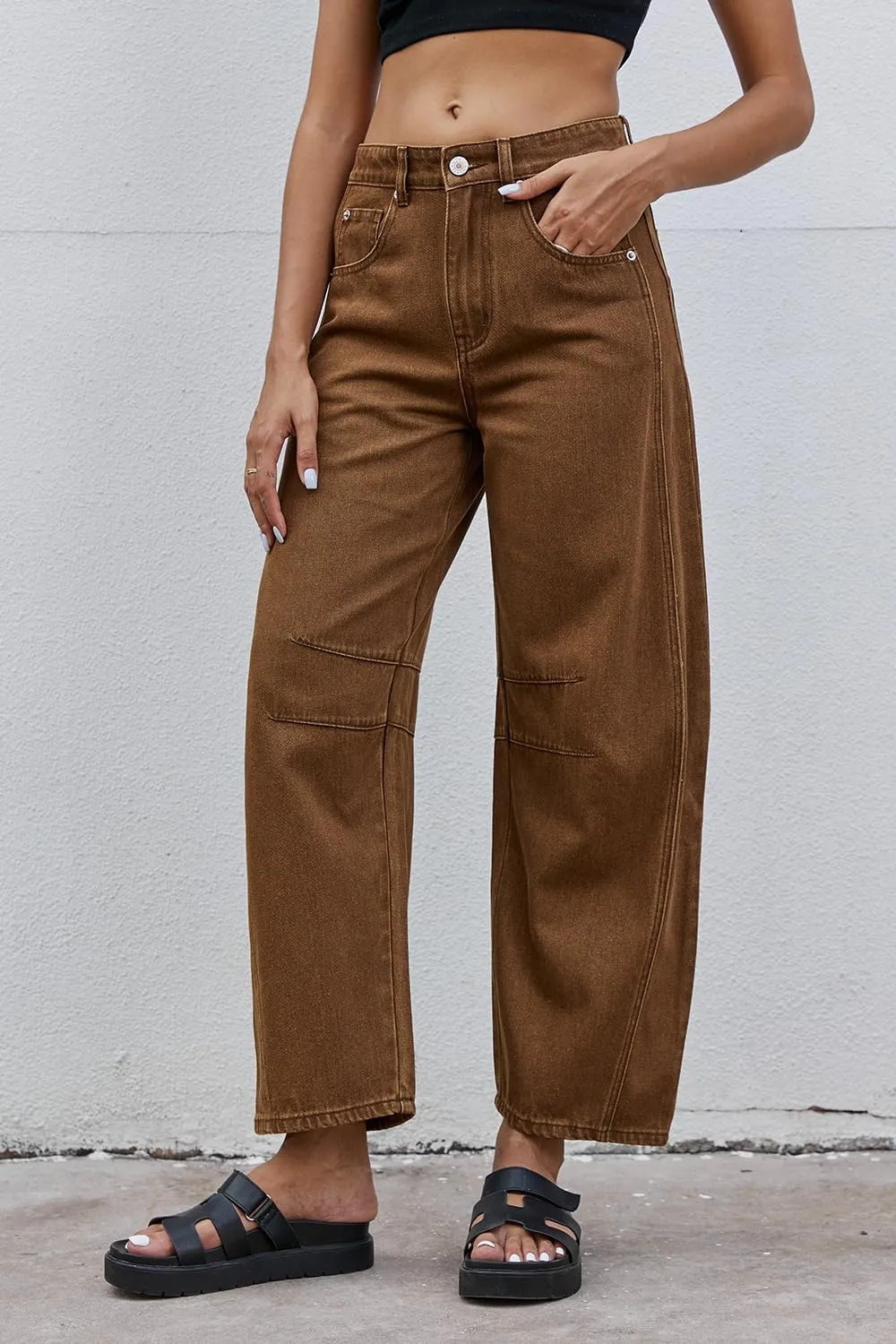 Mid Rise Barrel Jeans for Women Wide Leg Mid Waist Cropped Denim Pants Y2k Baggy Boyfriend Jeans with Pockets