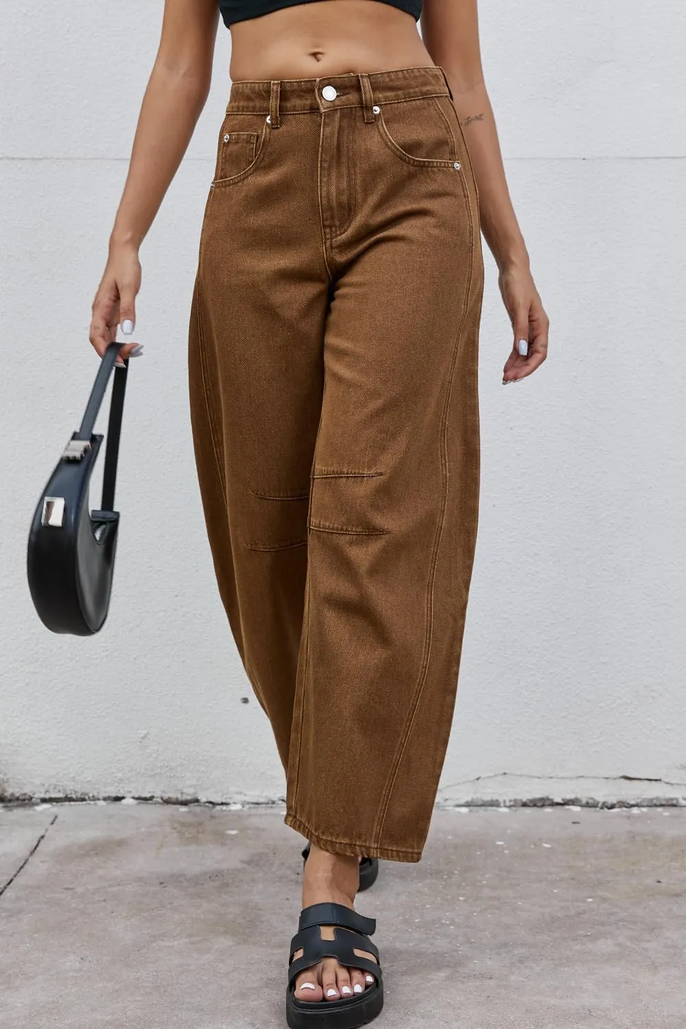 Mid Rise Barrel Jeans for Women Wide Leg Mid Waist Cropped Denim Pants Y2k Baggy Boyfriend Jeans with Pockets
