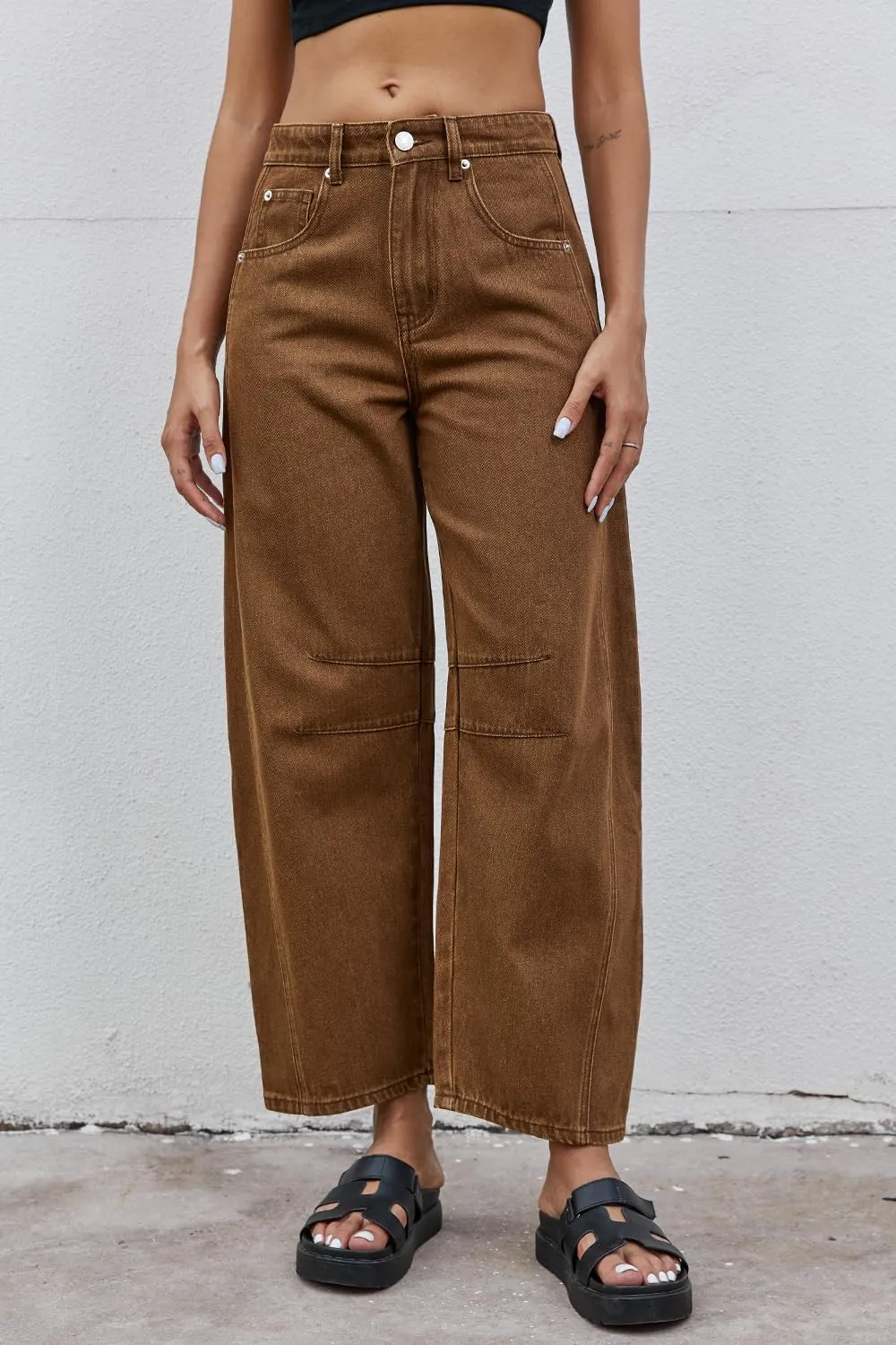 Mid Rise Barrel Jeans for Women Wide Leg Mid Waist Cropped Denim Pants Y2k Baggy Boyfriend Jeans with Pockets
