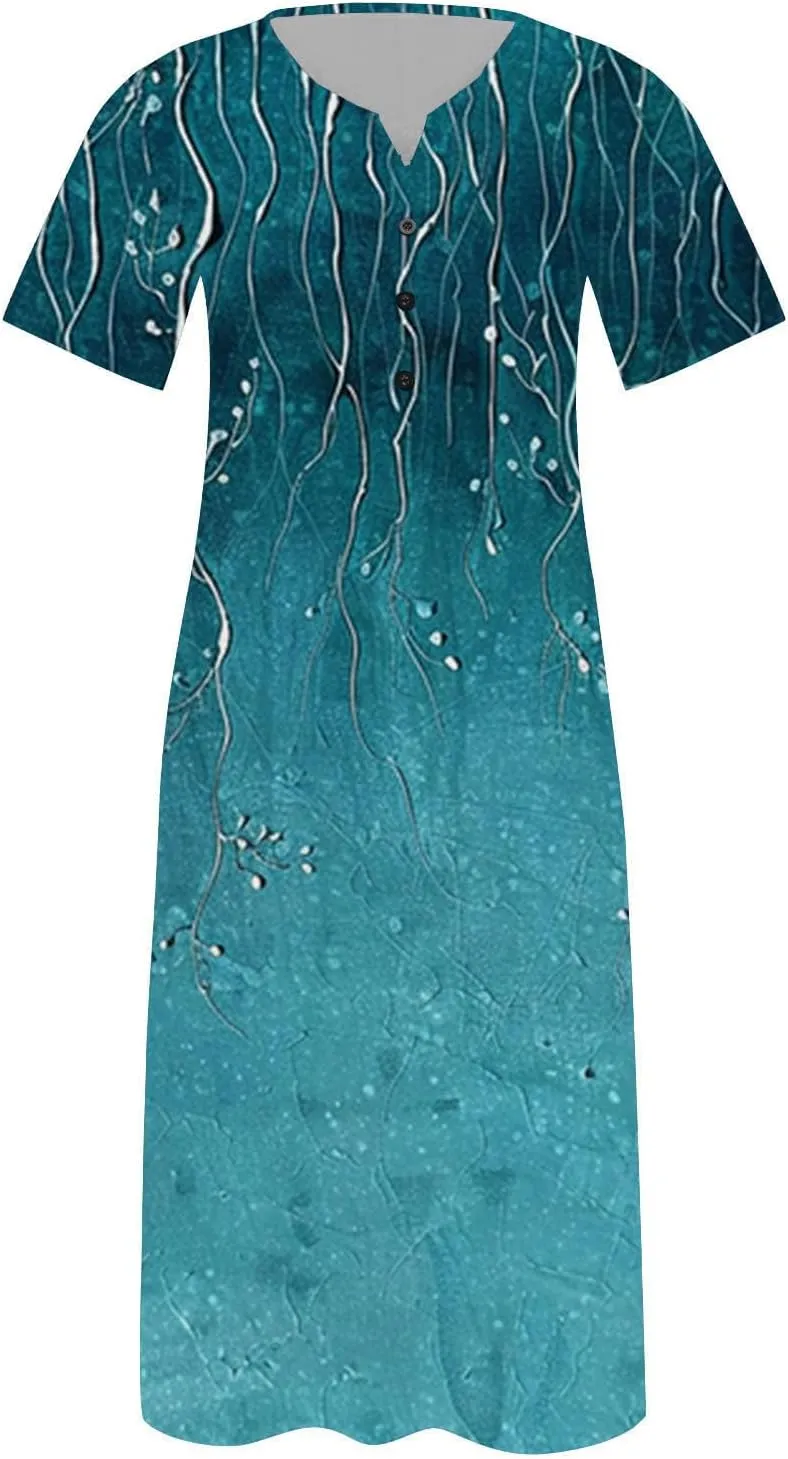 Midi Dresses for Women V Neck Button Down Dress Short Sleeve Floral Dresses Casual Summer T Shirt Dress Loose Sundress