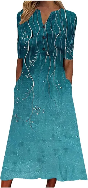 Midi Dresses for Women V Neck Button Down Dress Short Sleeve Floral Dresses Casual Summer T Shirt Dress Loose Sundress