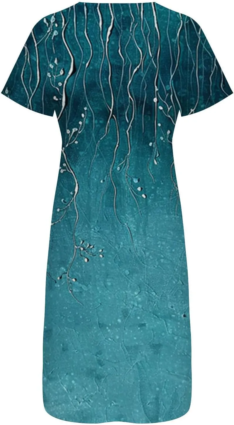 Midi Dresses for Women V Neck Button Down Dress Short Sleeve Floral Dresses Casual Summer T Shirt Dress Loose Sundress
