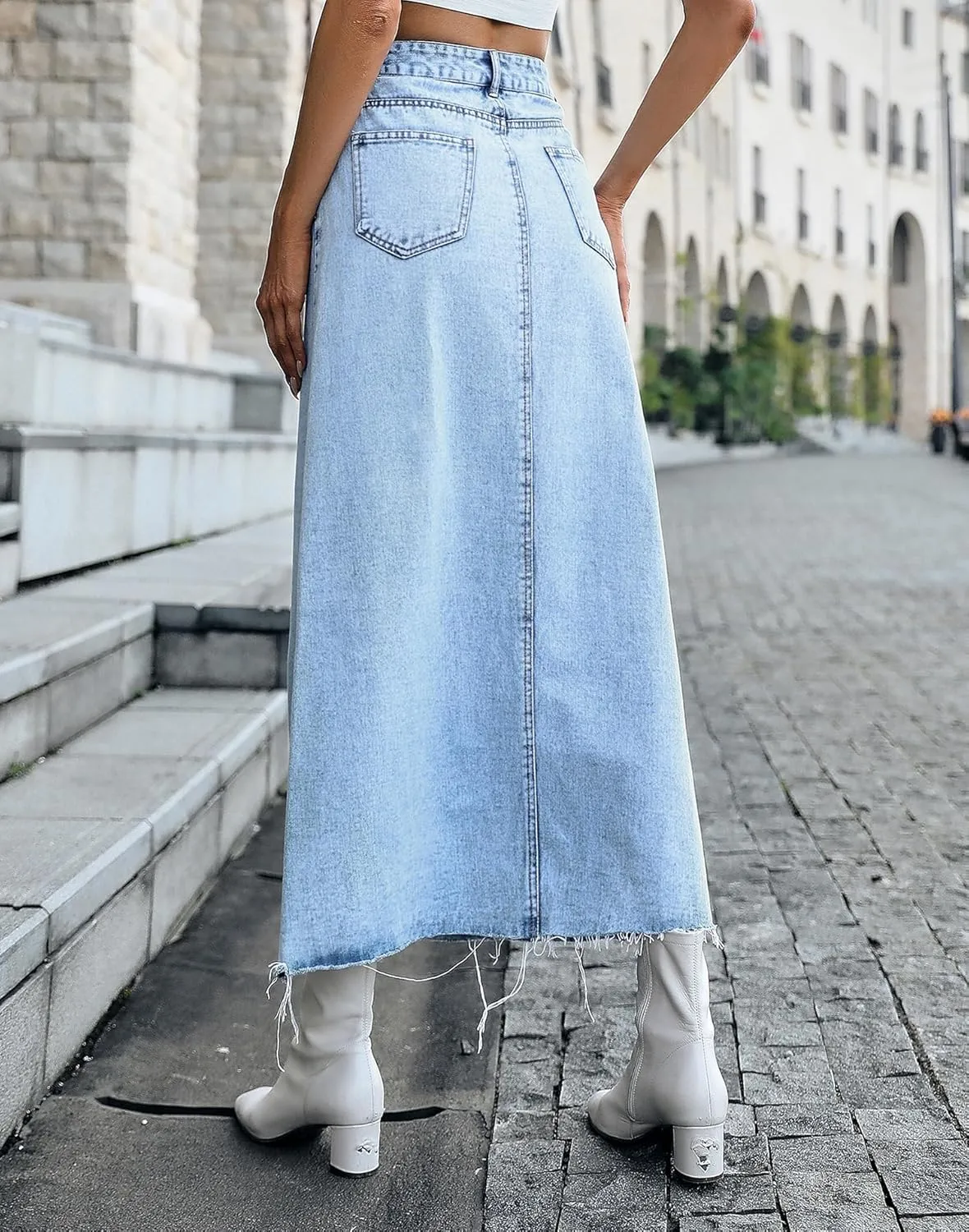 MISS MOLY Women's Mid Denim Skirts Stretch High Waist Frayed Raw Hem Split A line Flare Jean Skirt Maxi Dress with Pockets