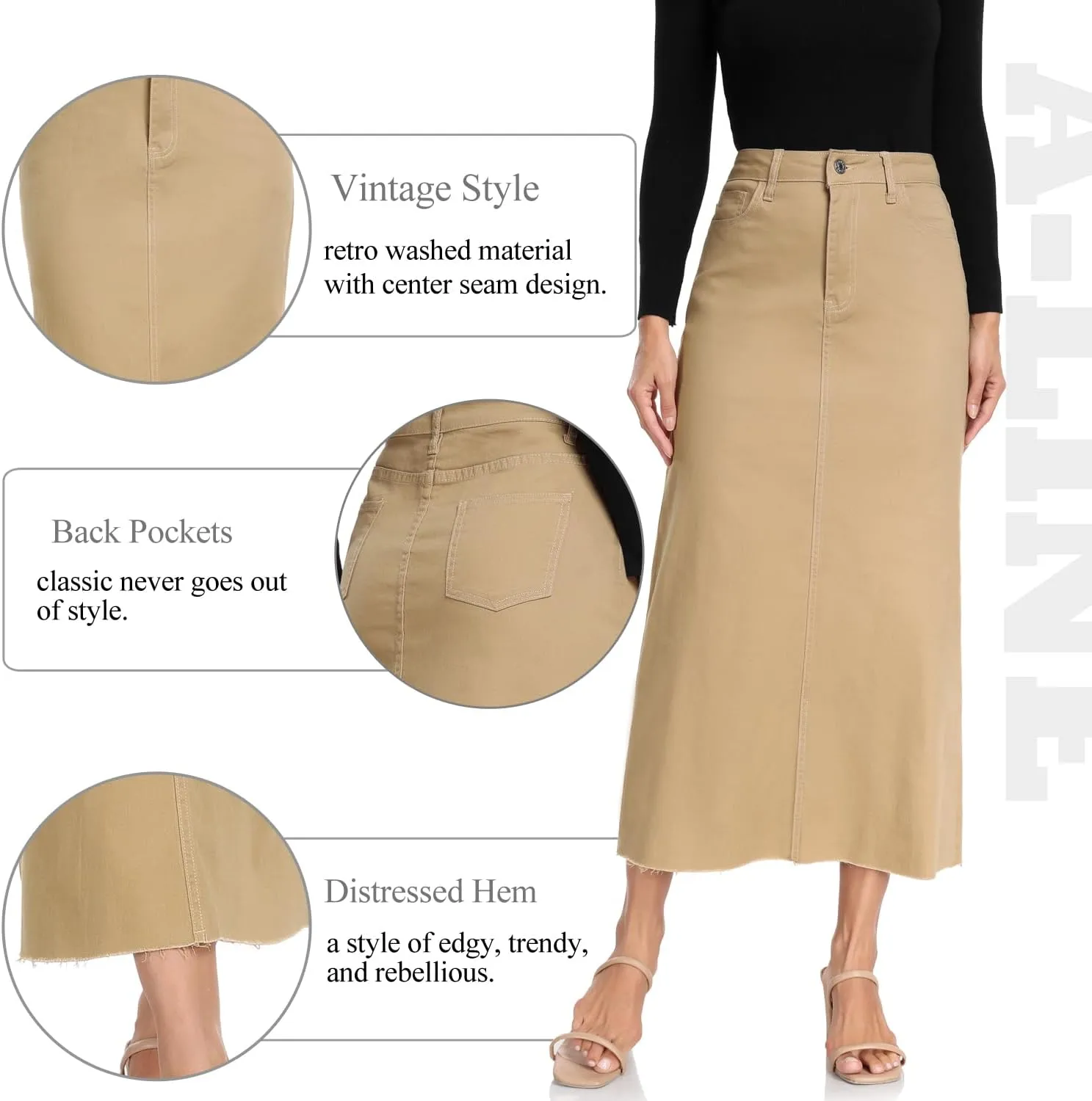 MISS MOLY Women's Mid Denim Skirts Stretch High Waist Frayed Raw Hem Split A line Flare Jean Skirt Maxi Dress with Pockets