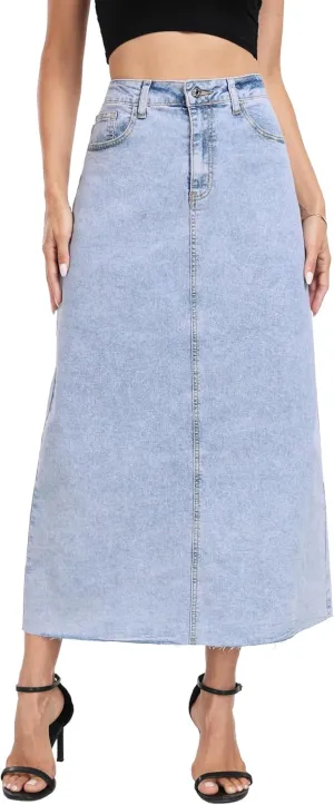 MISS MOLY Women's Mid Denim Skirts Stretch High Waist Frayed Raw Hem Split A line Flare Jean Skirt Maxi Dress with Pockets