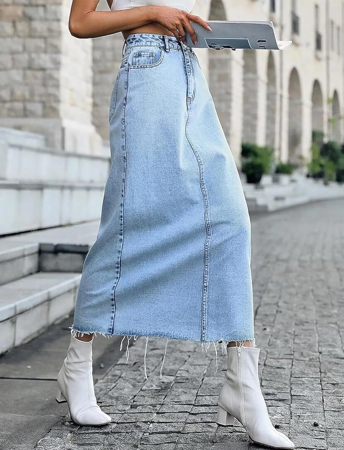 MISS MOLY Women's Mid Denim Skirts Stretch High Waist Frayed Raw Hem Split A line Flare Jean Skirt Maxi Dress with Pockets