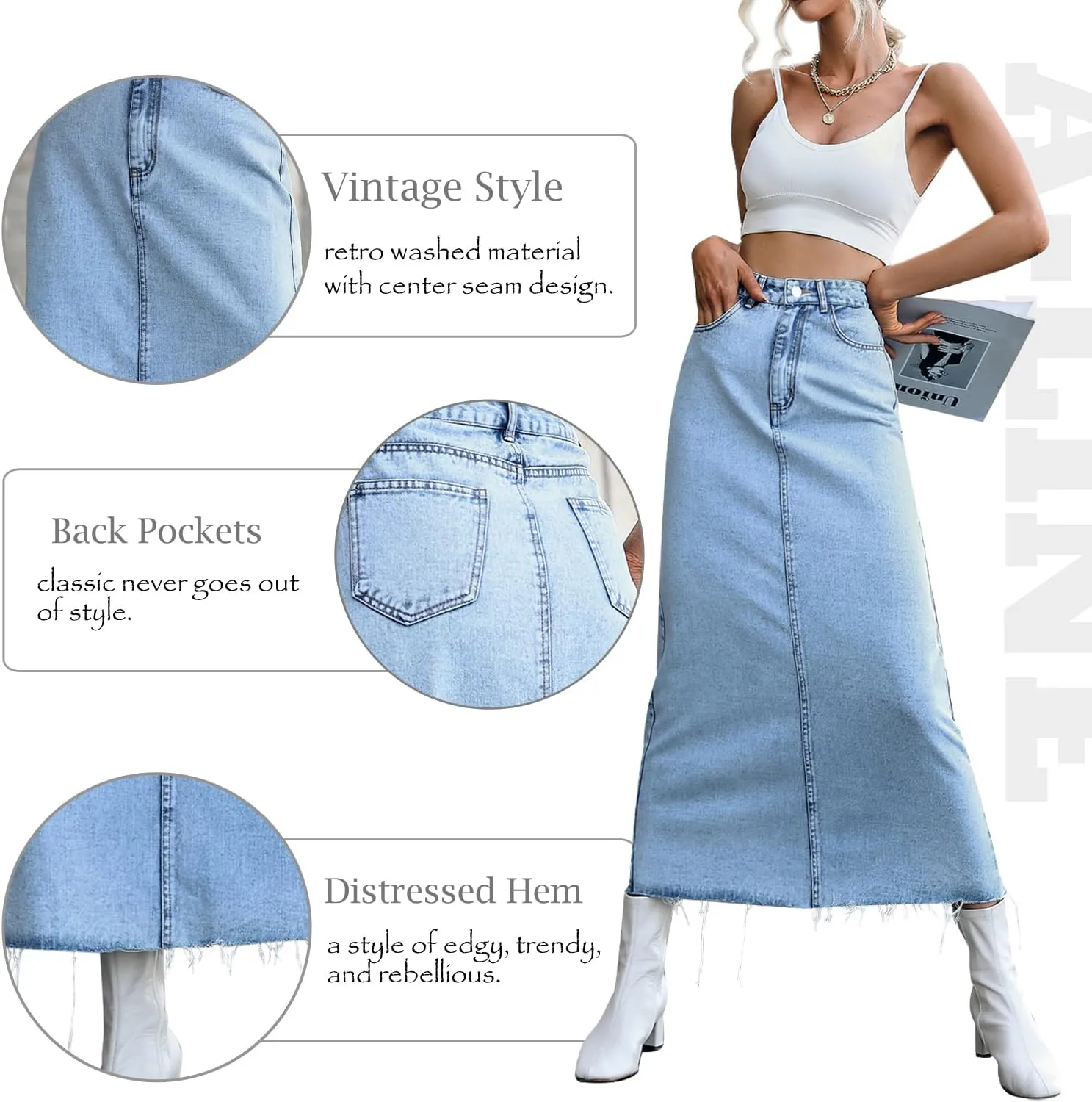 MISS MOLY Women's Mid Denim Skirts Stretch High Waist Frayed Raw Hem Split A line Flare Jean Skirt Maxi Dress with Pockets