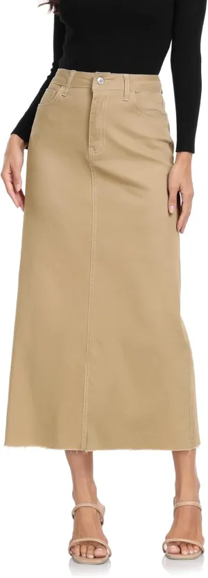 MISS MOLY Women's Mid Denim Skirts Stretch High Waist Frayed Raw Hem Split A line Flare Jean Skirt Maxi Dress with Pockets