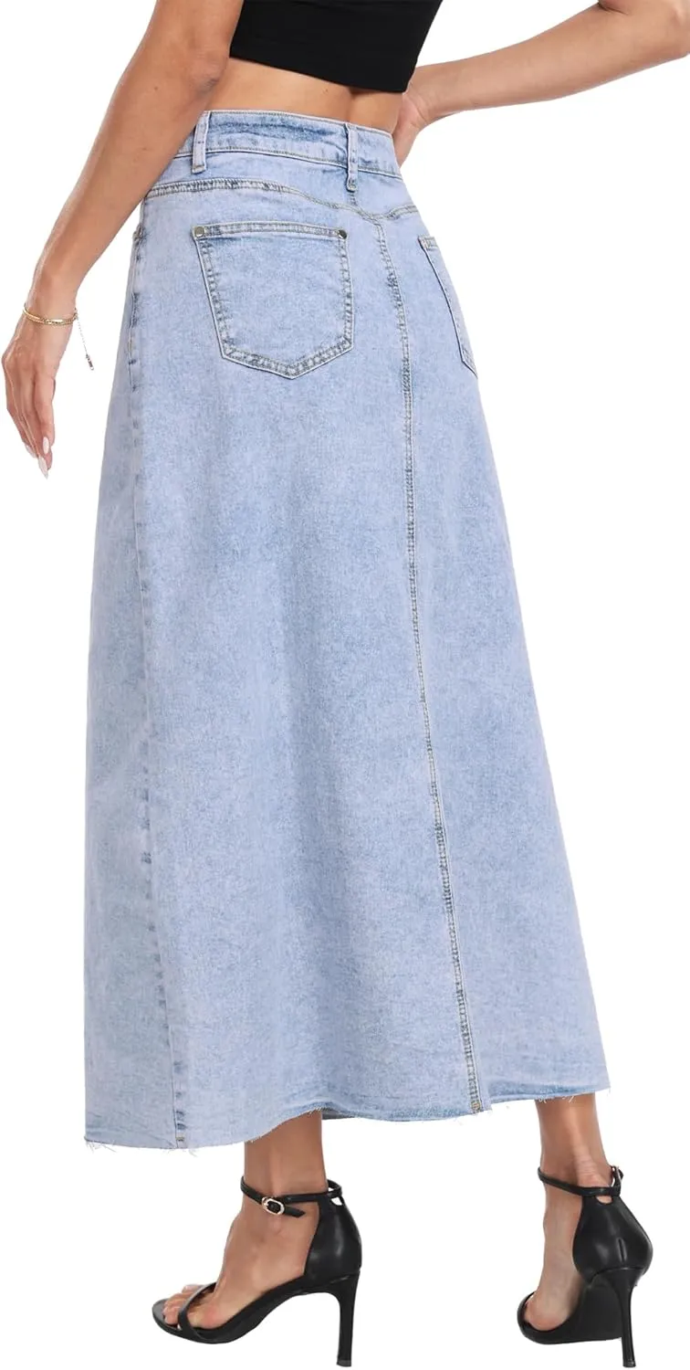 MISS MOLY Women's Mid Denim Skirts Stretch High Waist Frayed Raw Hem Split A line Flare Jean Skirt Maxi Dress with Pockets