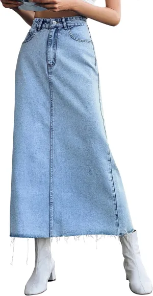 MISS MOLY Women's Mid Denim Skirts Stretch High Waist Frayed Raw Hem Split A line Flare Jean Skirt Maxi Dress with Pockets