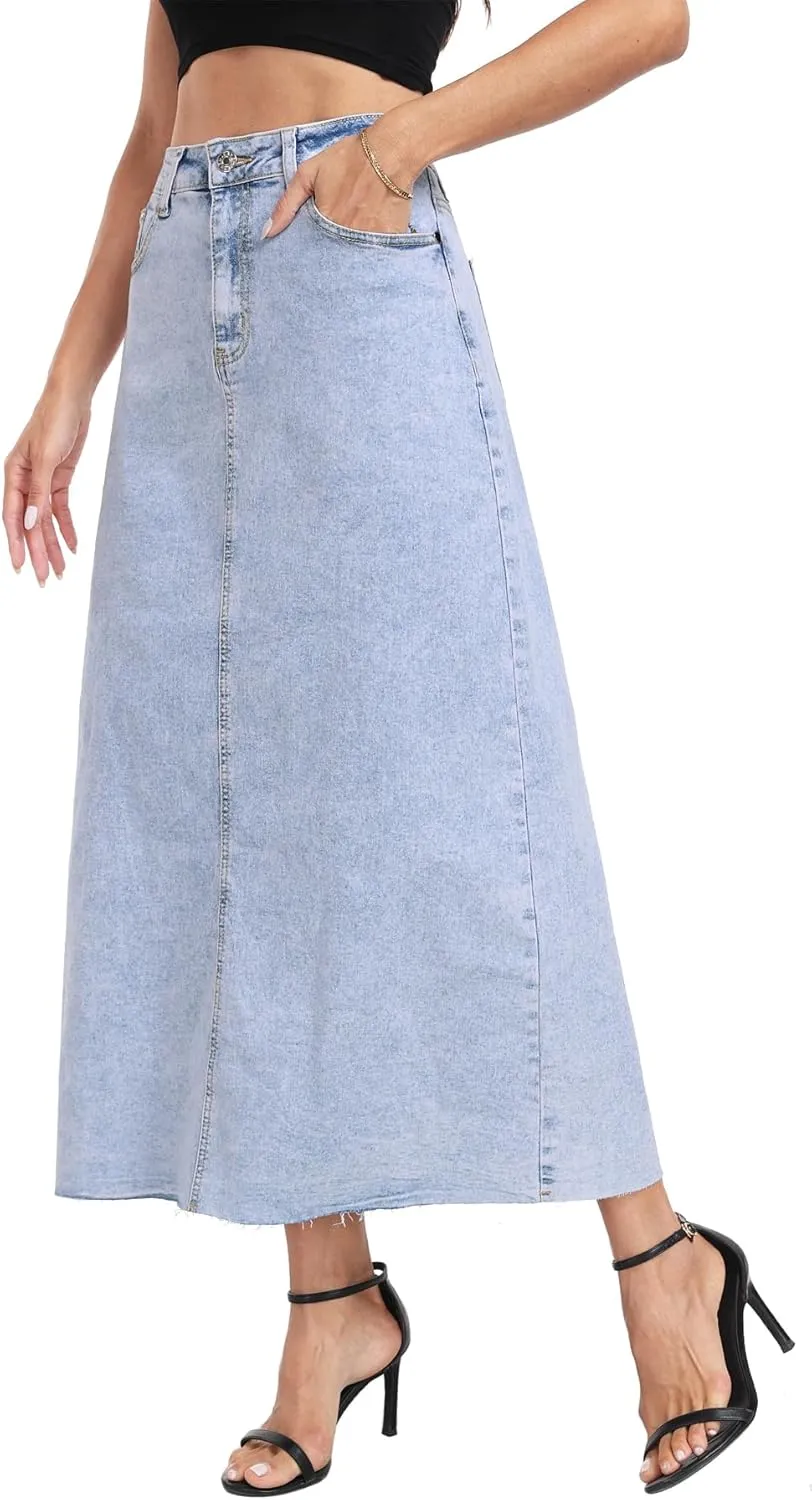 MISS MOLY Women's Mid Denim Skirts Stretch High Waist Frayed Raw Hem Split A line Flare Jean Skirt Maxi Dress with Pockets