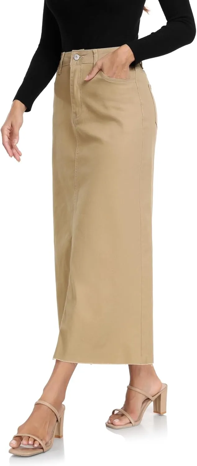 MISS MOLY Women's Mid Denim Skirts Stretch High Waist Frayed Raw Hem Split A line Flare Jean Skirt Maxi Dress with Pockets