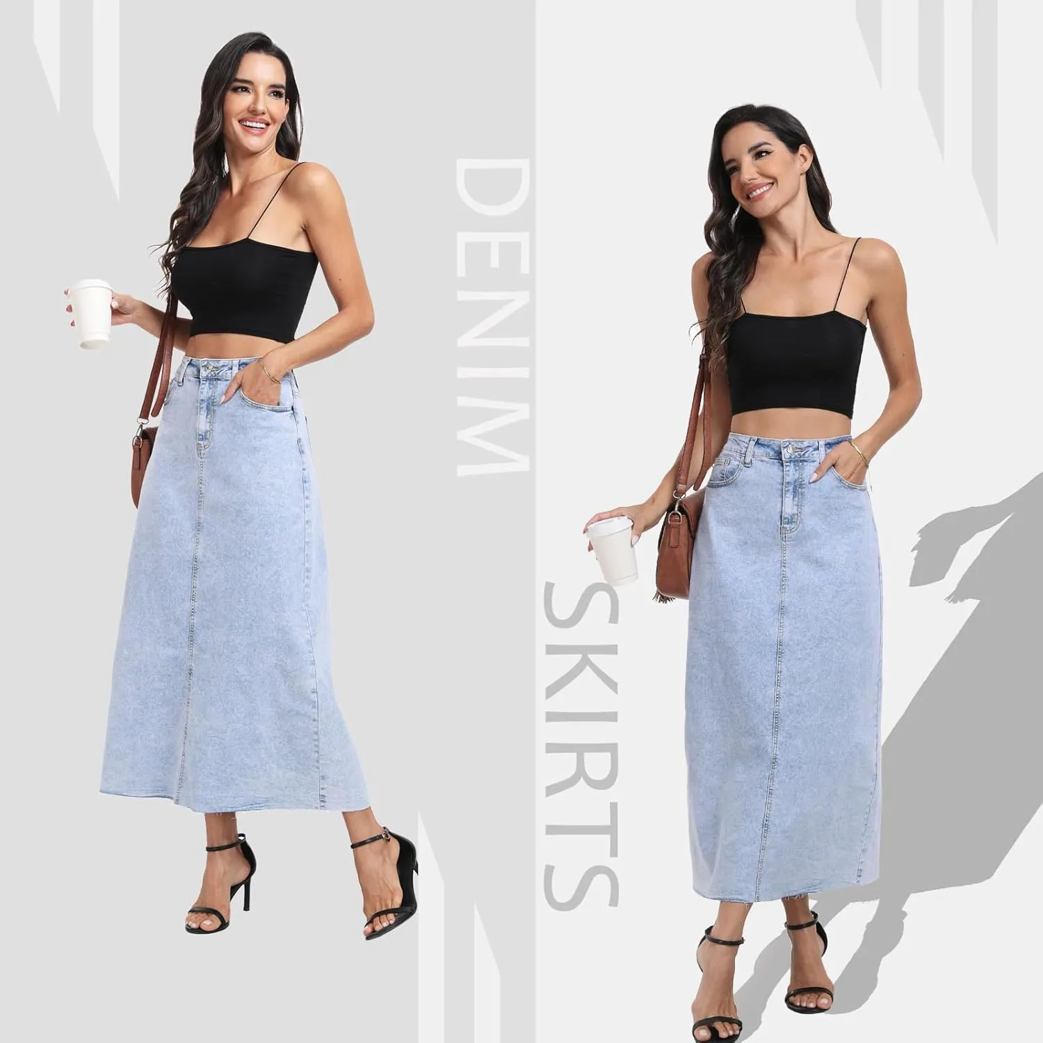MISS MOLY Women's Mid Denim Skirts Stretch High Waist Frayed Raw Hem Split A line Flare Jean Skirt Maxi Dress with Pockets