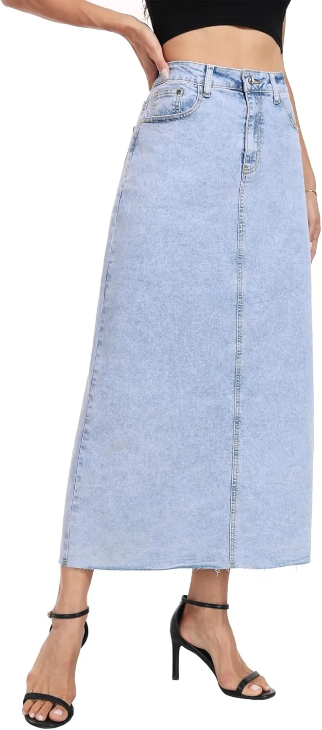 MISS MOLY Women's Mid Denim Skirts Stretch High Waist Frayed Raw Hem Split A line Flare Jean Skirt Maxi Dress with Pockets