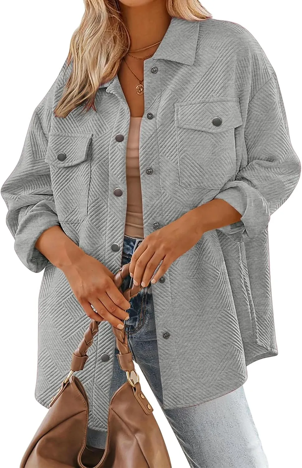 Mmoneyake Women's 2024 Button Down Shacket Jackets Collared Long Sleeve Shirt Textured Loose Casual Fashion Shirts Fall Coats