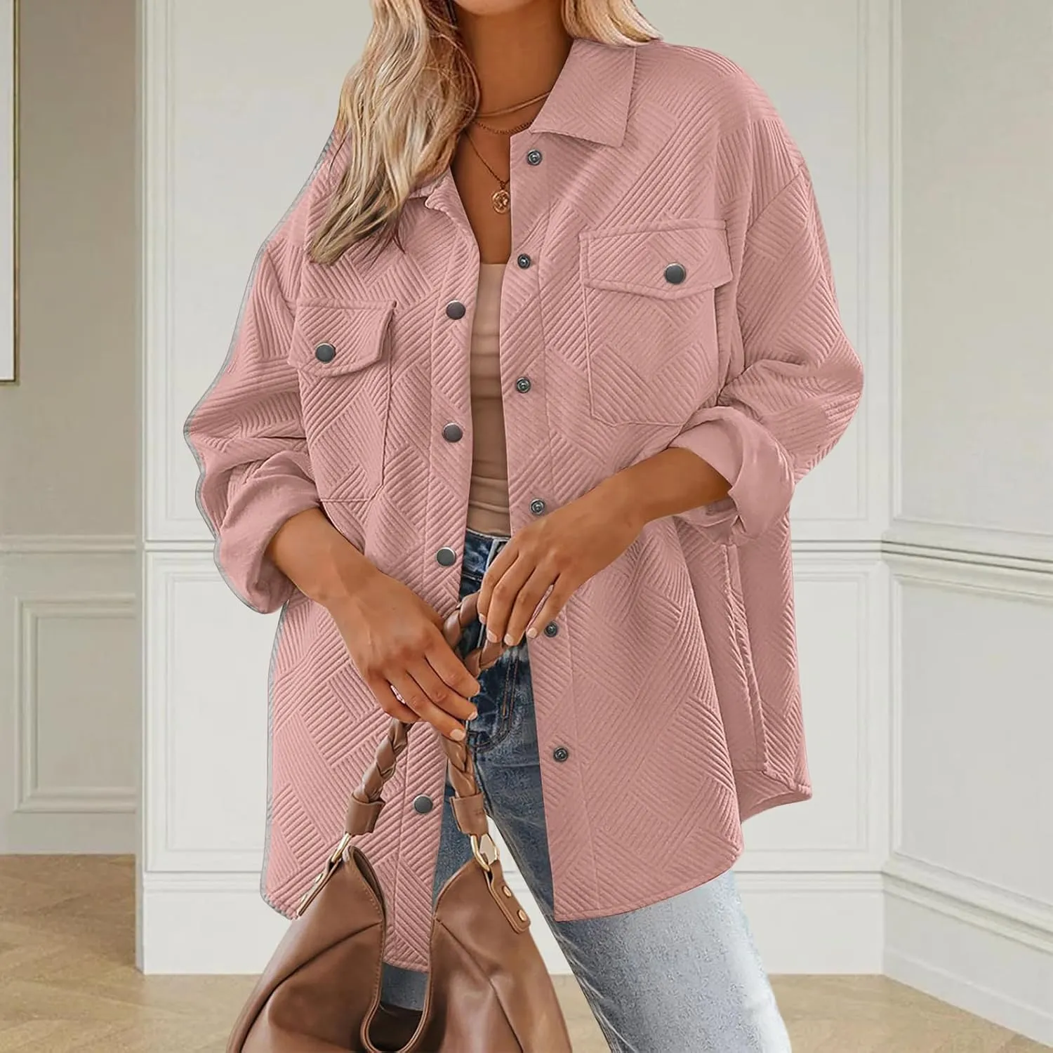 Mmoneyake Women's 2024 Button Down Shacket Jackets Collared Long Sleeve Shirt Textured Loose Casual Fashion Shirts Fall Coats