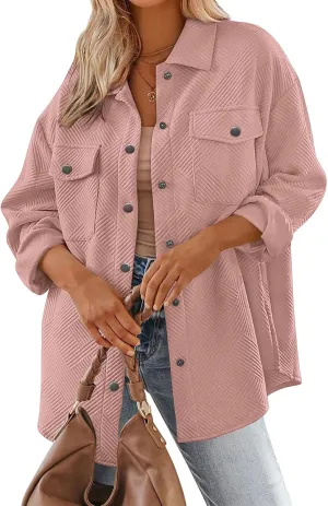 Mmoneyake Women's 2024 Button Down Shacket Jackets Collared Long Sleeve Shirt Textured Loose Casual Fashion Shirts Fall Coats