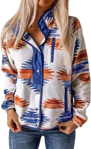 Mmoneyake Womens Fleece Jacket Aztec Print Pattern Loose Shacket Long Sleeve Open Front Cardigan Button Down Wool Blend Coats