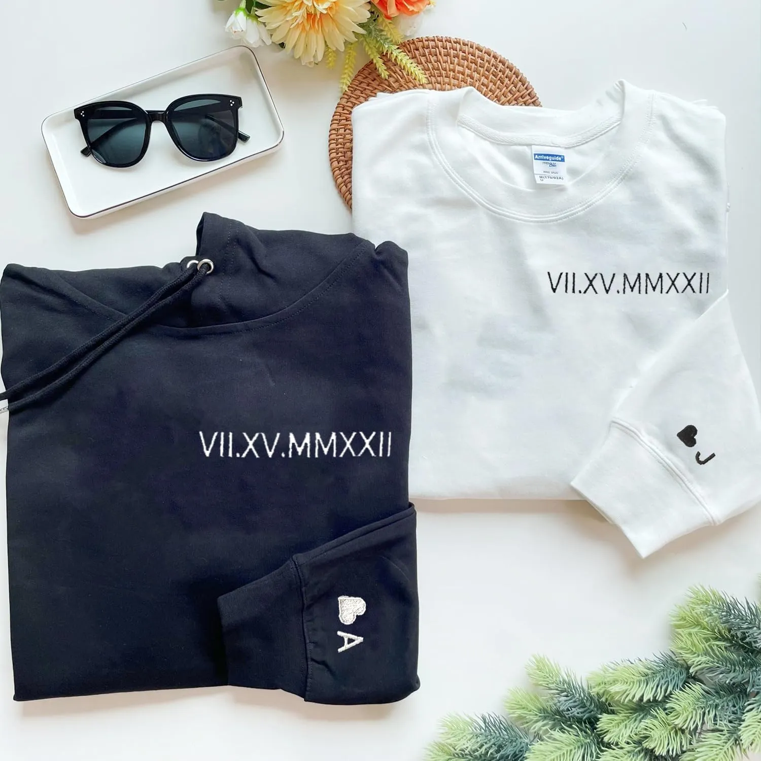 NAZENTI Custom Embroidered Roman Numeral Hoodies, Matching Hoodies for Couples, Christmas Valentines Day Gifts for Him Her