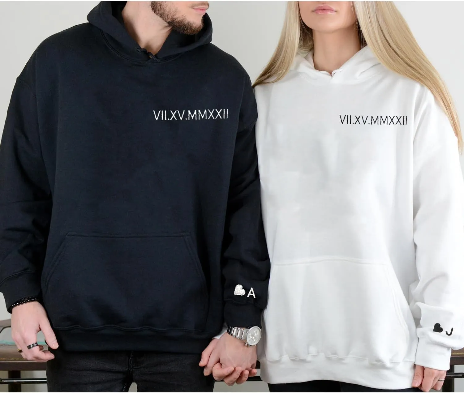 NAZENTI Custom Embroidered Roman Numeral Hoodies, Matching Hoodies for Couples, Christmas Valentines Day Gifts for Him Her